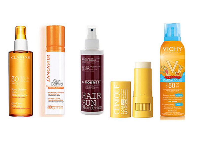 Солнцезащитное масло-спрей для тела и волос Spray Solaire Huile Embellissante UVA/UVB 30, Clarins; солнцезащитный крем для лица против морщин и пигментных пятен Sun Control SPF 30, Lancaster; водостойкое солнцезащитное средство для волос Hair Sun Protecti