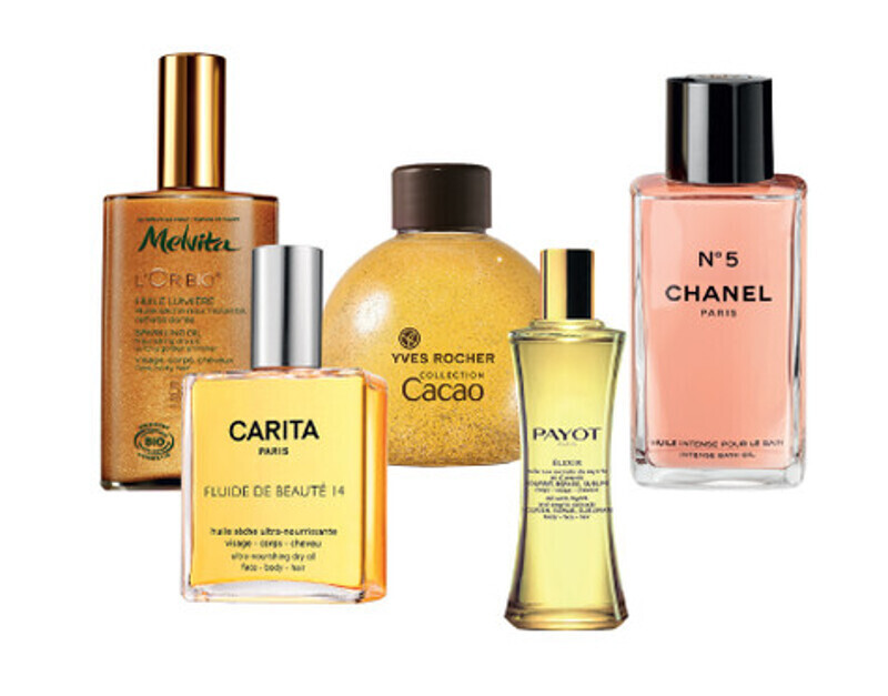 Масло для тела Yves Rocher, флюид для волос, лица и тела Carita, мерцающее масло для волос, лица и тела L'Or Bio от Melvita, масляный эликсир Payot, масло для ванны Chanel. Фото: материалы пресс-служб.